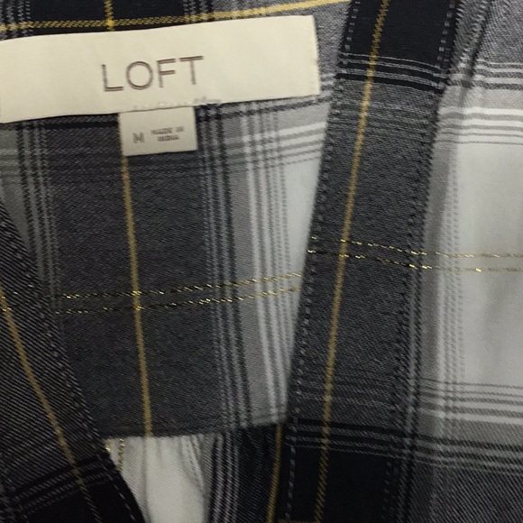 LOFT Black and White Plaid V-Neck Blouse - Picture 2 of 3